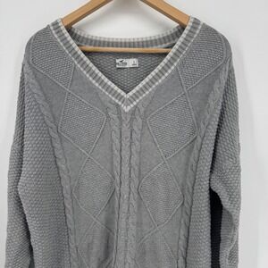 Hollister Womens Gray Cable Knit V Neck Long Sleeve Pullover Sweater‎ Size L